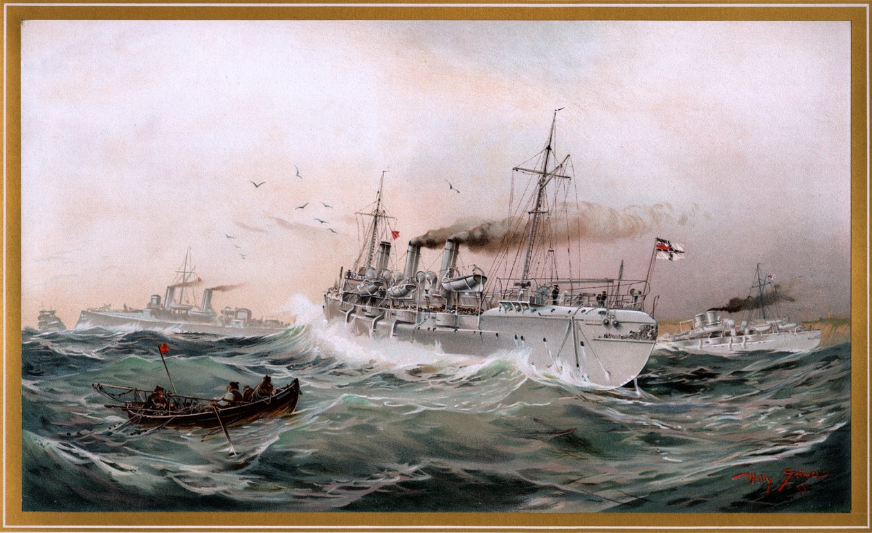 Keizerlijke marine Greif, Meteor en Jagd spioneren bij Brusterort, Chromo-Lithografie door Willy Stöwer 1894, nr9 uit G. Wislicenus, Onze oorlogsvloot door Willy Stöwer