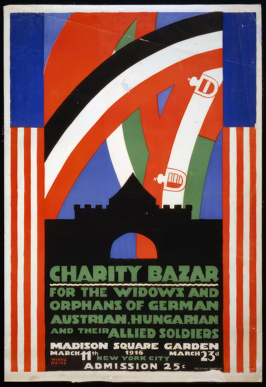 Poster voor een liefdadigheidsbazaar voor weduwen en wezen van Duitse, Oostenrijkse, Hongaarse en Geconfedereerde soldaten in Madison Square Garden, New York door Winold Reiss