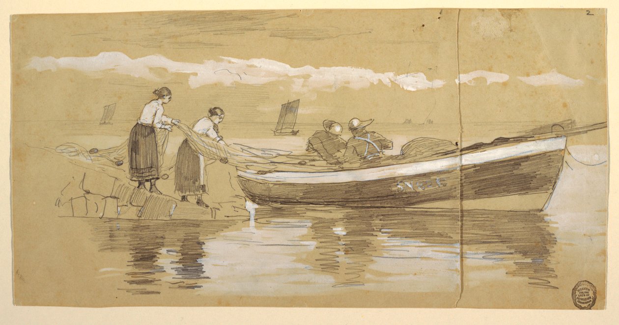 Tekening, visser en vrouwen die netten opbergen in een gestrande dory, Cullercoats, Engeland door Winslow Homer