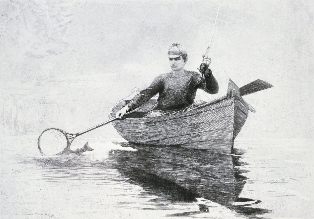Vliegvissen op Saranac Lake door Winslow Homer
