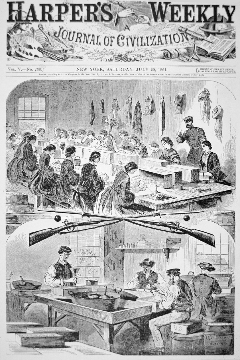 Mannen en vrouwen vullen patronen in het arsenaal in Watertown, Massachusetts, uit 