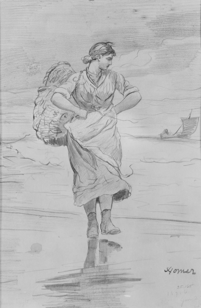 Een vissersmeisje op het strand (schets voor de illustratie van „The Incoming Tide“) door Winslow Homer