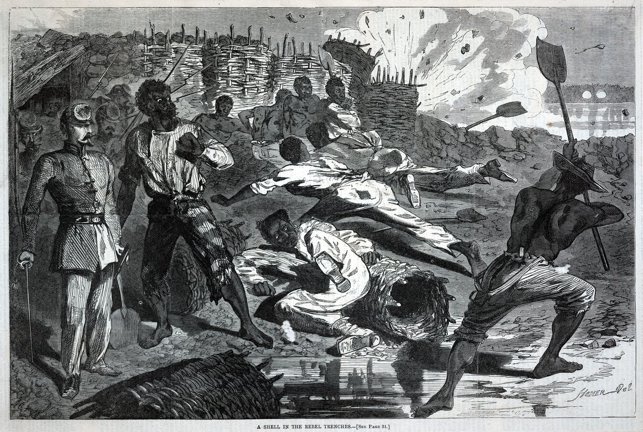 Een granaat in de loopgraven van de opstandelingen, uit Harper’s Weekly, 17 januari 1863 door Winslow Homer