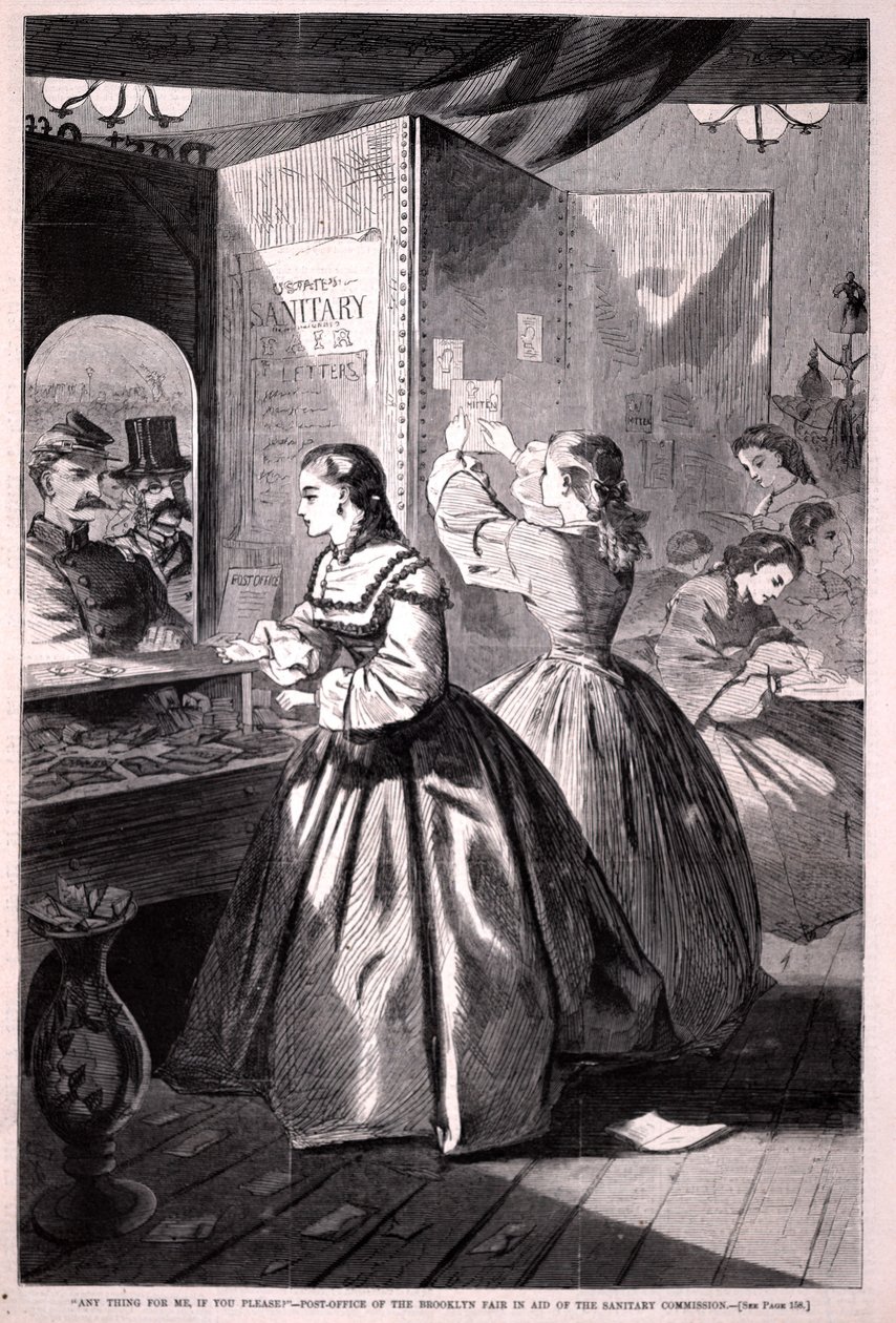 "Is er iets voor mij, alstublieft" – Postkantoor van de Brooklyn Fair, uit Harper’s Weekly, 5 maart 1864 door Winslow Homer