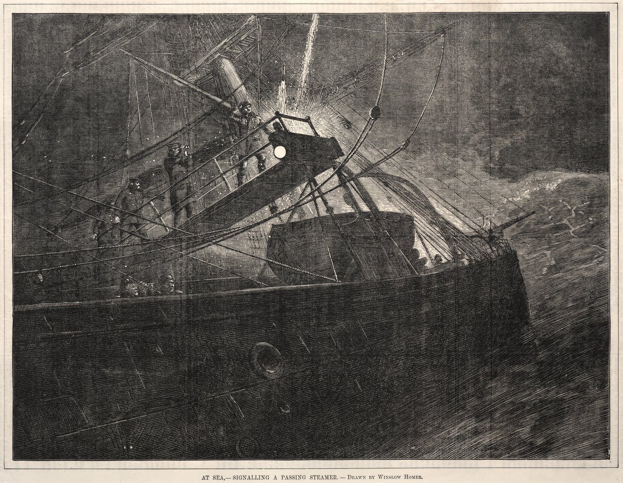 Op zee, een voorbije stoomboot signaleren door Winslow Homer