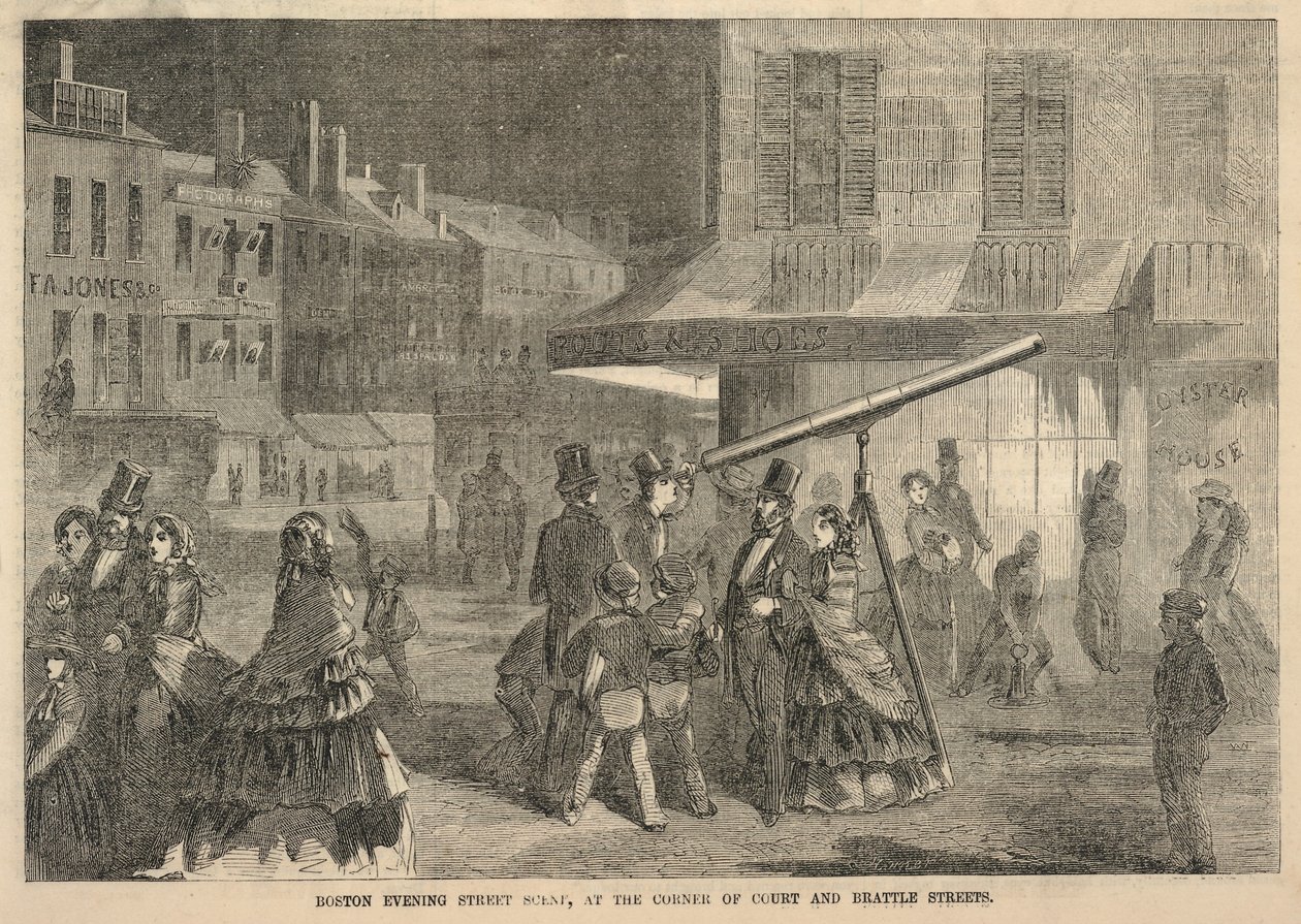 Boston Evening Street Scene, op de hoek van Court en Brattle Streets, uit Ballou