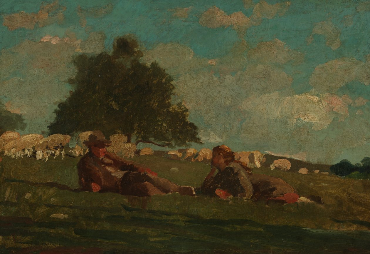 Jongen en Meisje in een Veld met Schapen door Winslow Homer