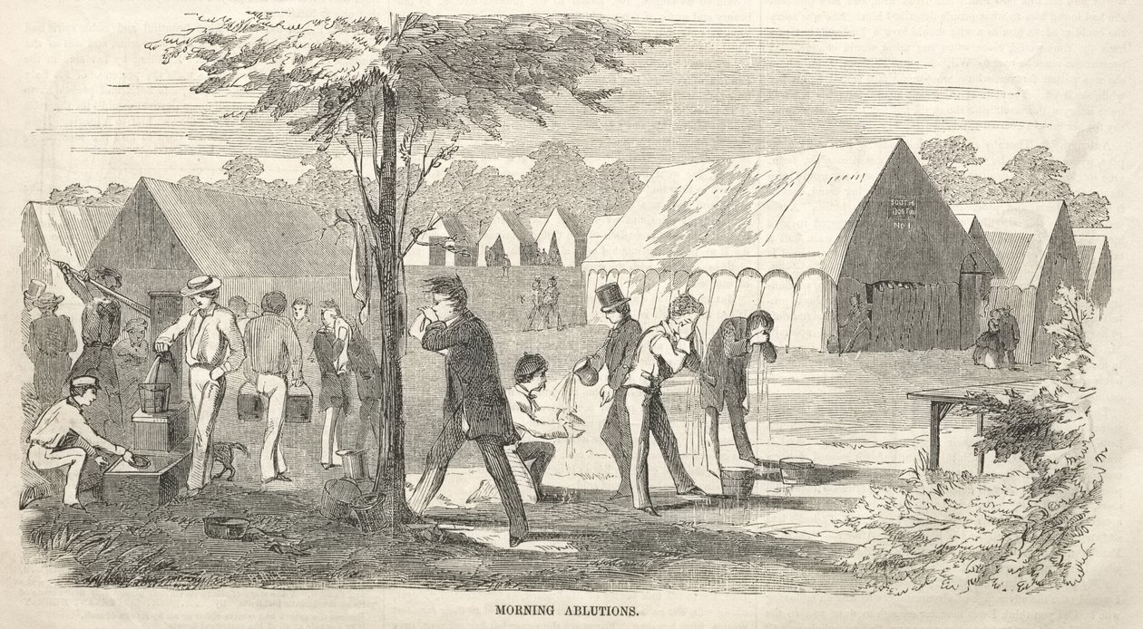 Schetsen van de kampbijeenkomst:  Ochtendwas door Winslow Homer