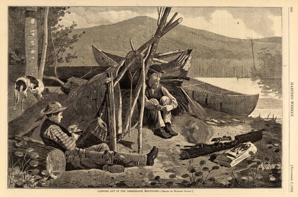 Kamperen in de Adirondack-bergen, uit Harper’s Weekly, 7 november 1874 door Winslow Homer