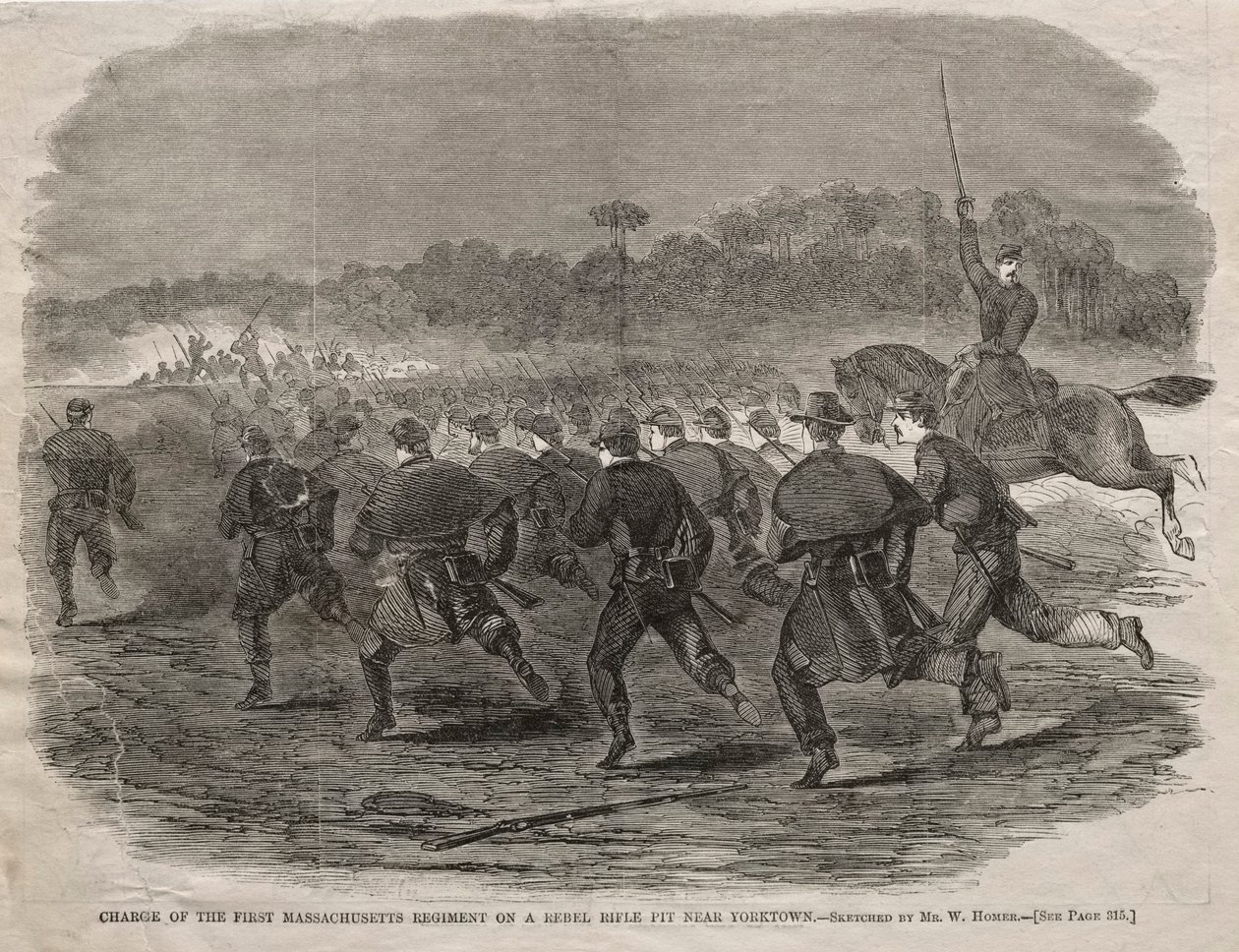 Aanval van het Eerste Massachusetts Regiment op een Rebel Geweerput bij Yorktown, 1862 door Winslow Homer