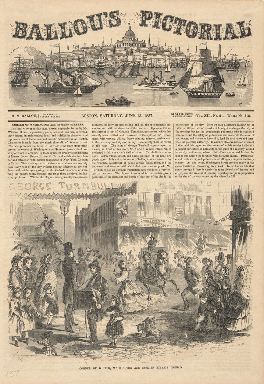 Hoek van Winter-, Washington-, en Summer Streets, Boston, uit Ballou door Winslow Homer