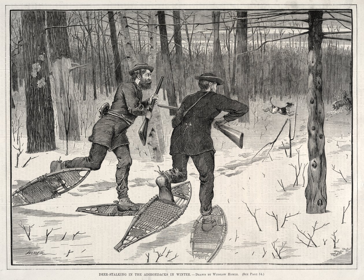 Hertenjacht in de Adirondacks in de winter door Winslow Homer