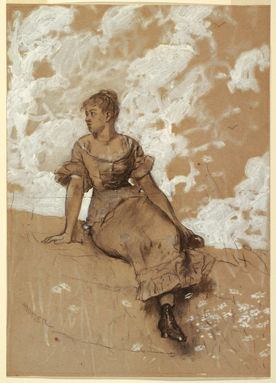 Tekening, Een zittend meisje; studie voor "De tuinmuur", 1878 door Winslow Homer