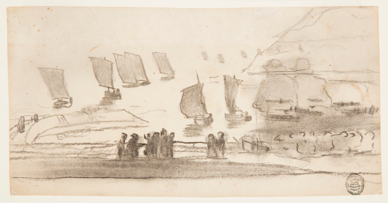 Tekening, Strandgezicht met mensen en vissersboten, Cullercoats, Engeland, 1881-82 door Winslow Homer