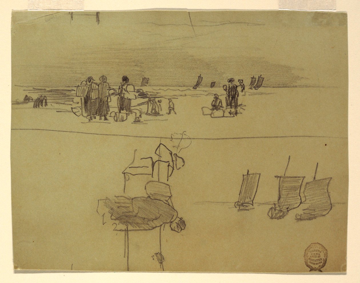 Tekening, Strandgezicht met vrouwen die manden dragen, Cullercoats, Engeland, 1881-82 door Winslow Homer