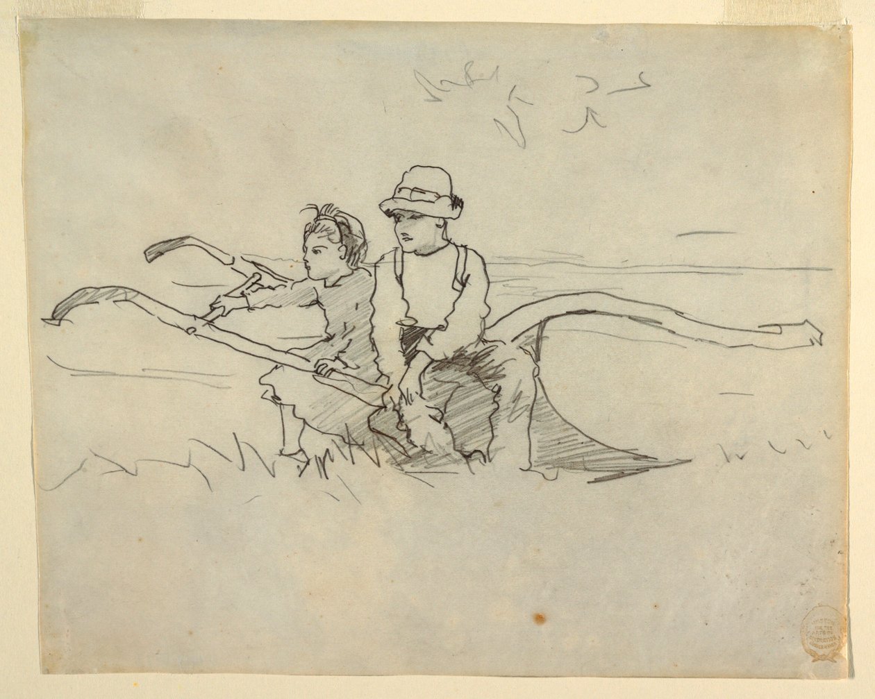 Tekening, Jongen en meisje zittend op een ploeg, 1879 door Winslow Homer