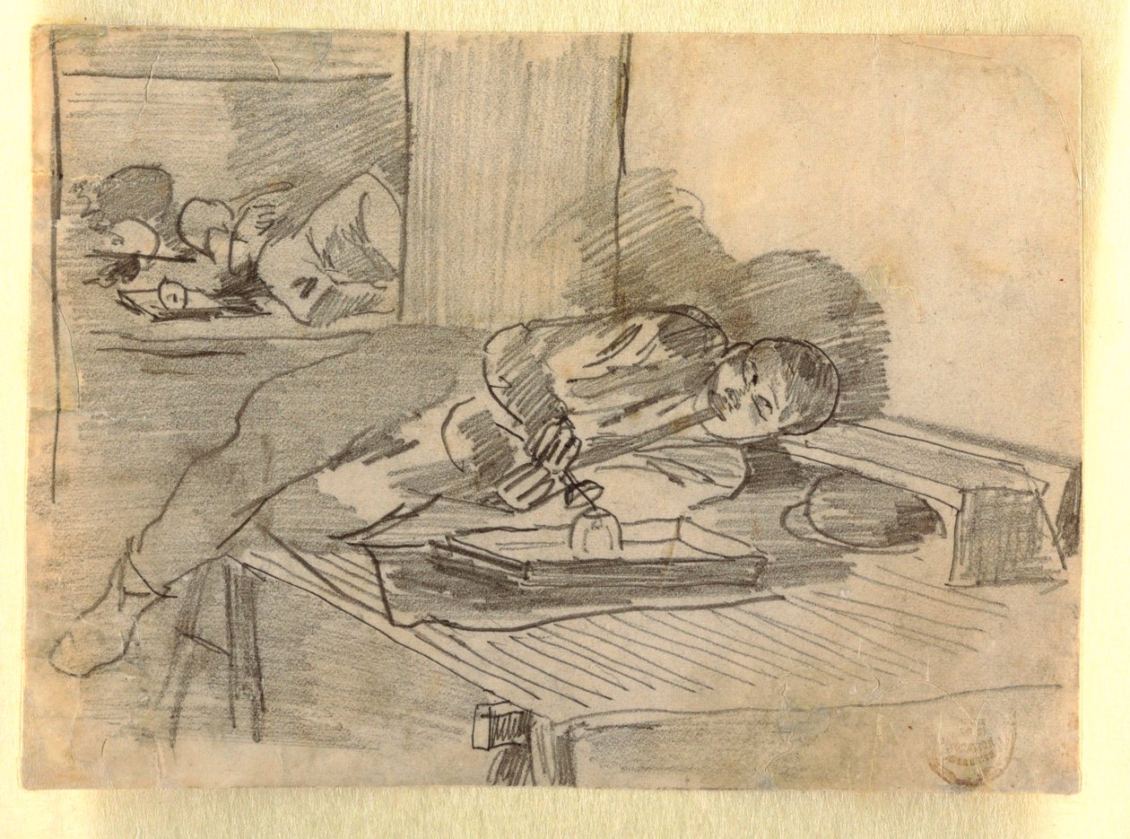 Tekening, Chinese man rookt een opiumpijp, een Baxter Street Club House, New York City, ca. 1874 door Winslow Homer