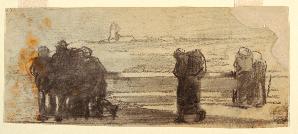 Tekening, Figuren met uitzicht op een baai en een kleine boot, Cullercoats, Engeland, 1881-82 door Winslow Homer