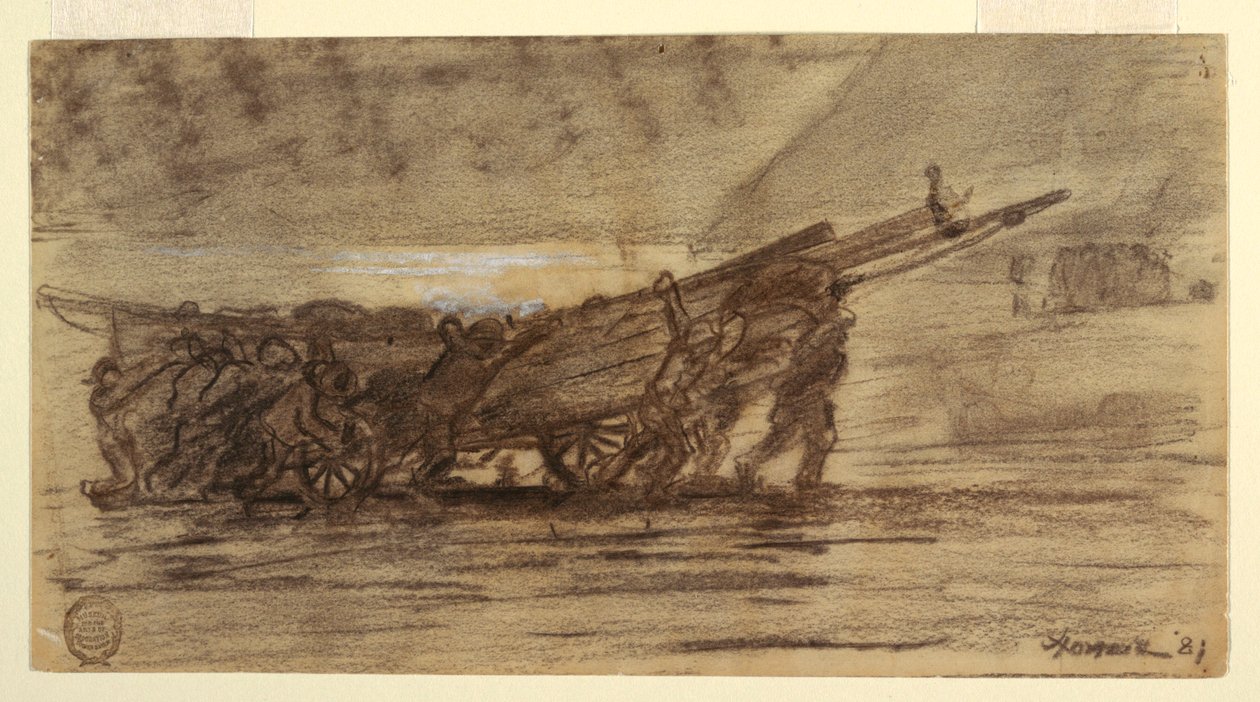 Tekening, Vissers stranden een boot, Cullercoats, Engeland, 1881 door Winslow Homer