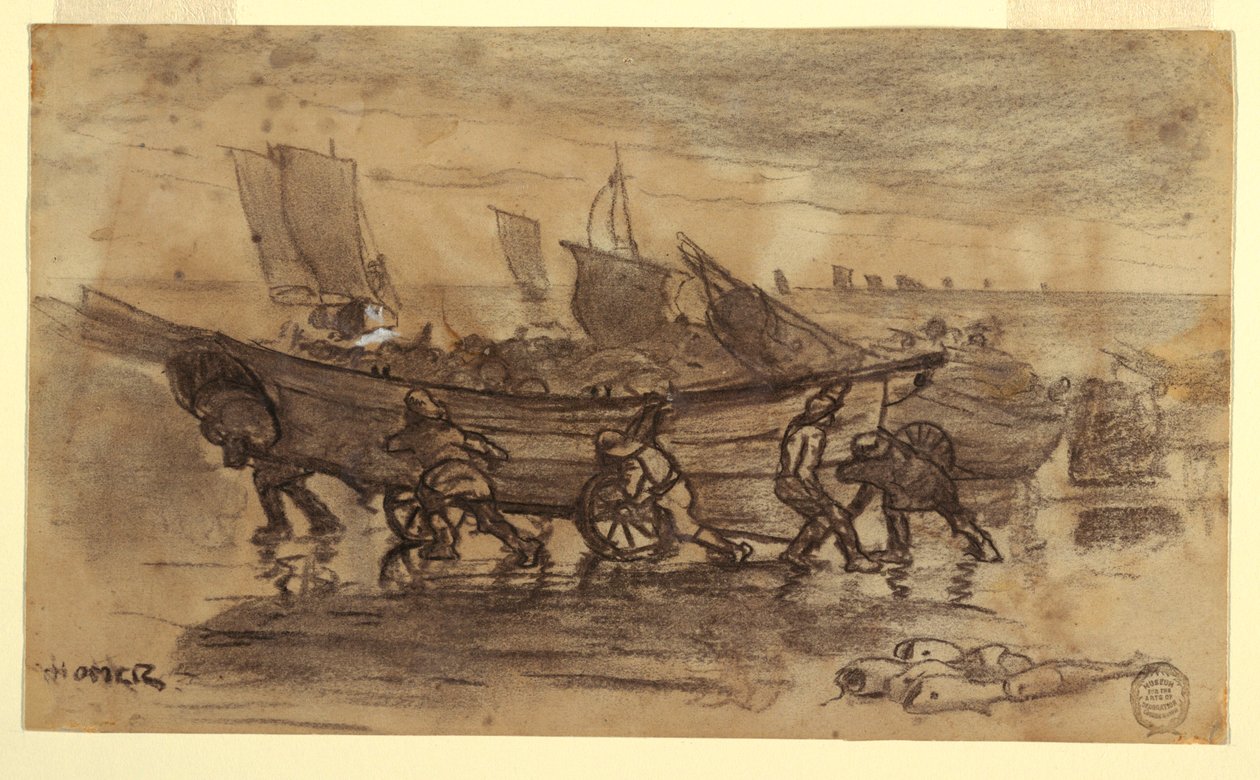 Tekening, Vissers stranden een sloep, Cullercoats, Engeland, 1881 door Winslow Homer