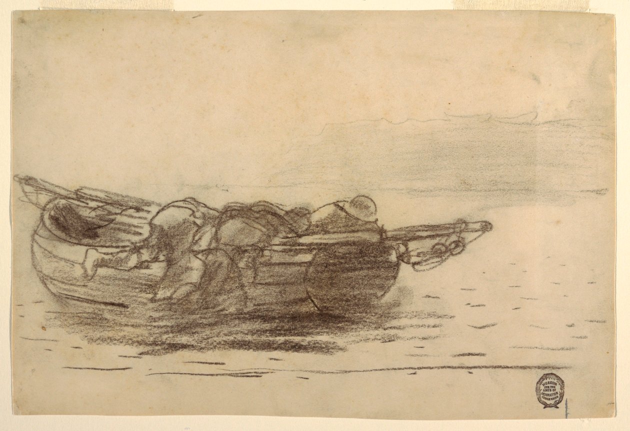 Tekening, Vissers klimmen over gangboorden, Cullercoats, Engeland, 1881-82 door Winslow Homer