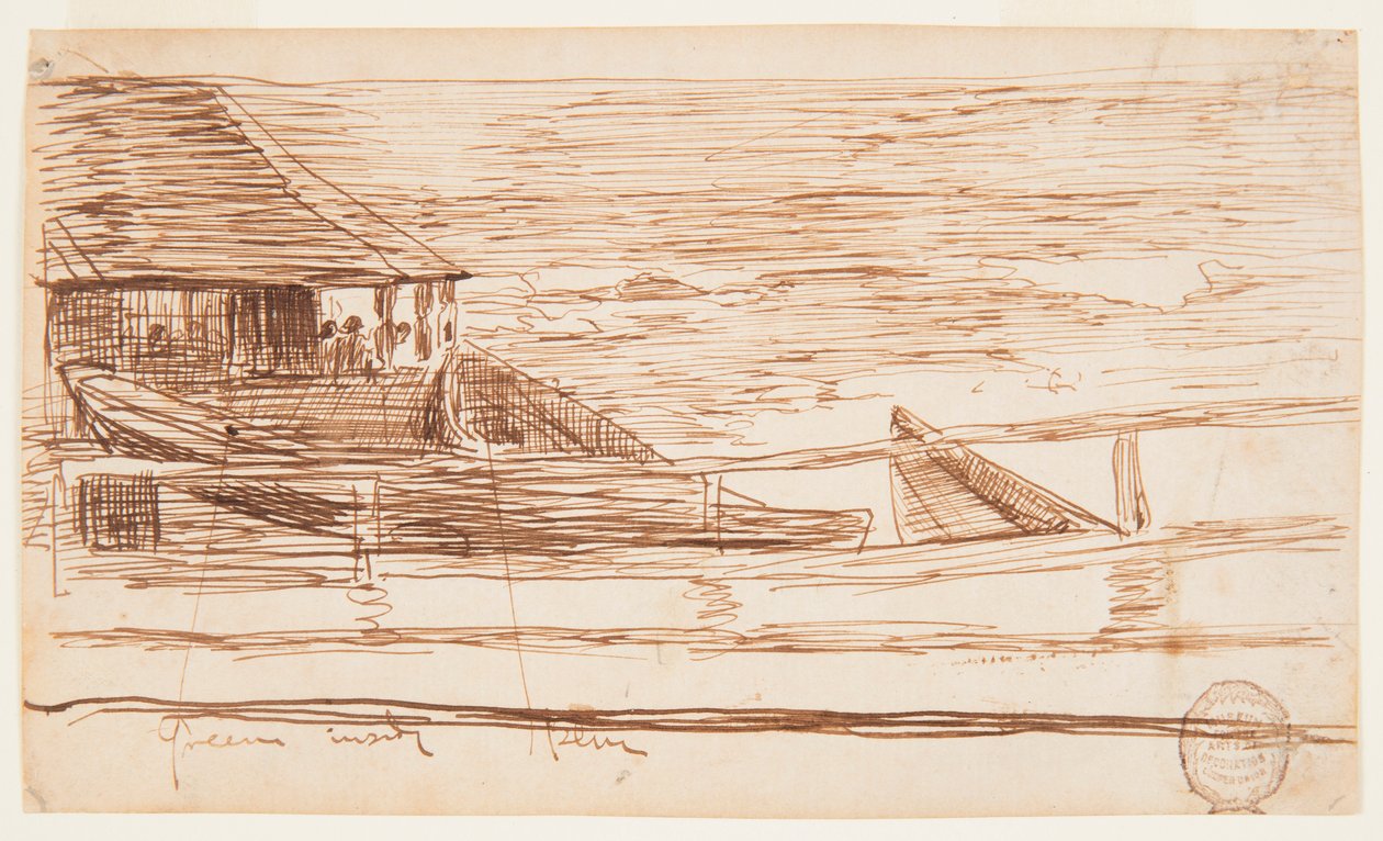 Tekening, Huis aan een reling met gestrande dories, Cullercoats, Engeland, 1881 door Winslow Homer