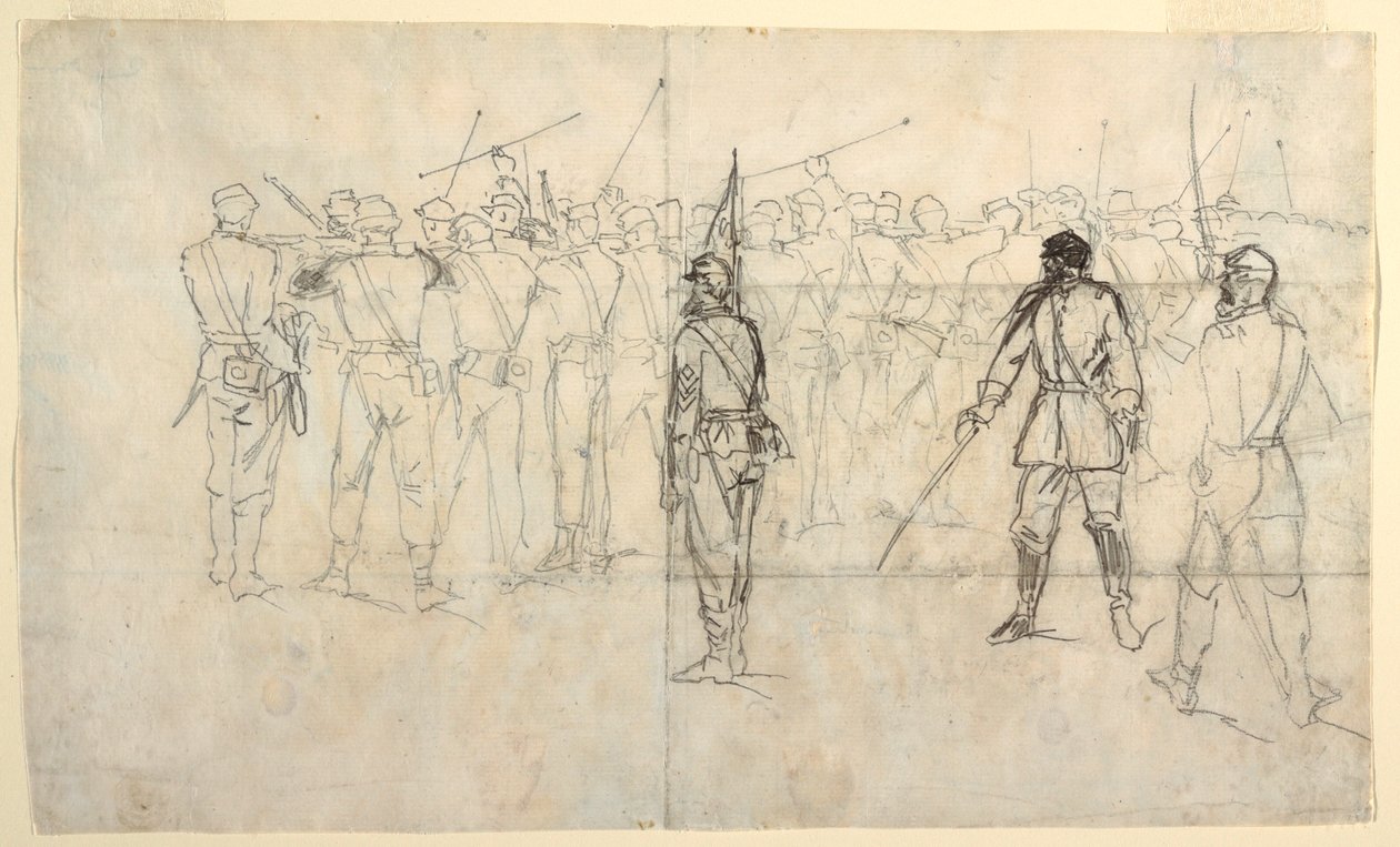 Tekening, geweeroefening infanterie, regiment Sickles, 1862 door Winslow Homer