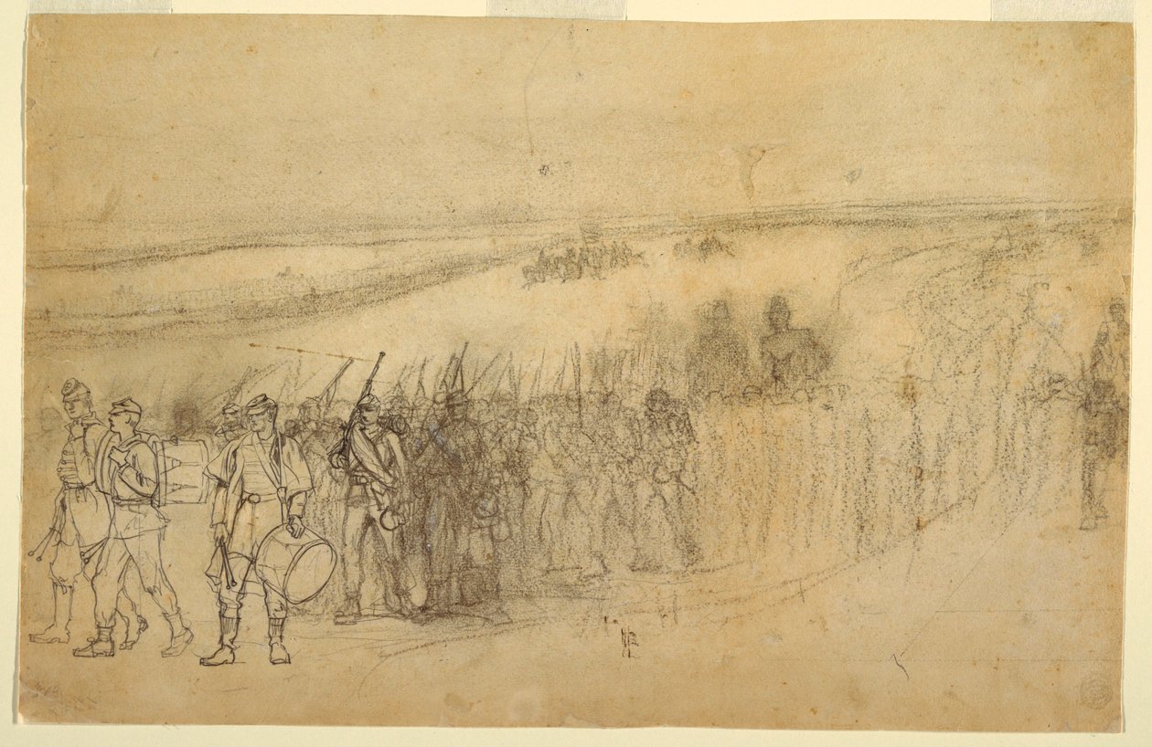 Tekening, marcherende infanteriecolonne, ca. 1862 door Winslow Homer