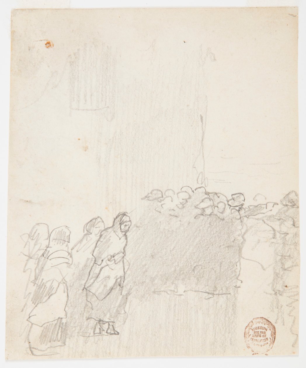 Tekening, Mannen en vrouwen kijken uit op zee, Cullercoats, Engeland, 1881 door Winslow Homer