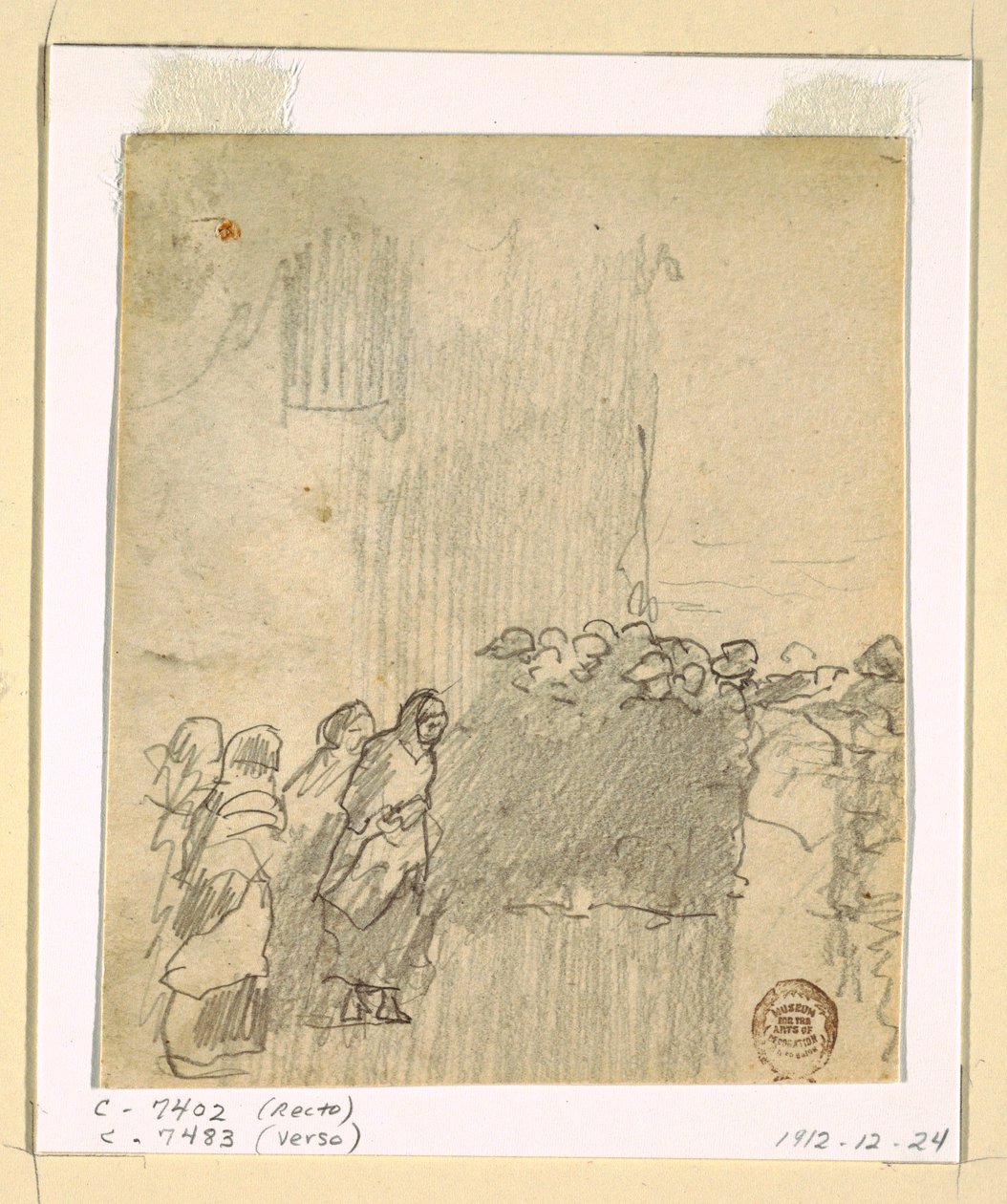 Tekening, Mannen en vrouwen kijken uit op zee, Cullercoats, Engeland, 1881 door Winslow Homer