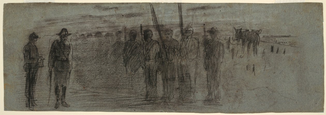 Tekening, officier en adjudant inspecteren een eskader, mogelijk 1864 door Winslow Homer