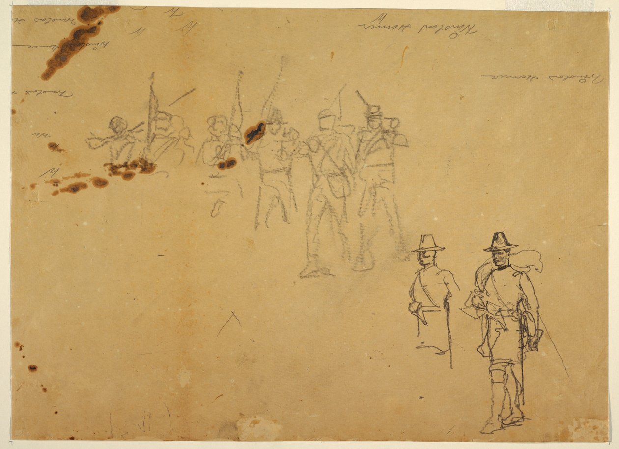 Tekening, Schetsen van enkele infanteriefiguren en oefenhandtekeningen, 1862 door Winslow Homer
