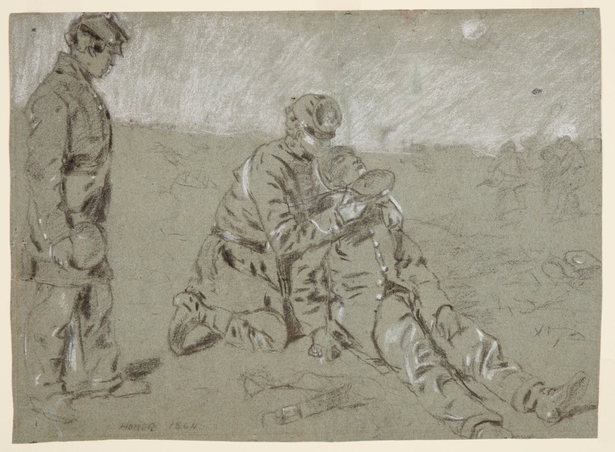 Tekening, soldaat geeft water aan gewonde kameraad, 1864 door Winslow Homer