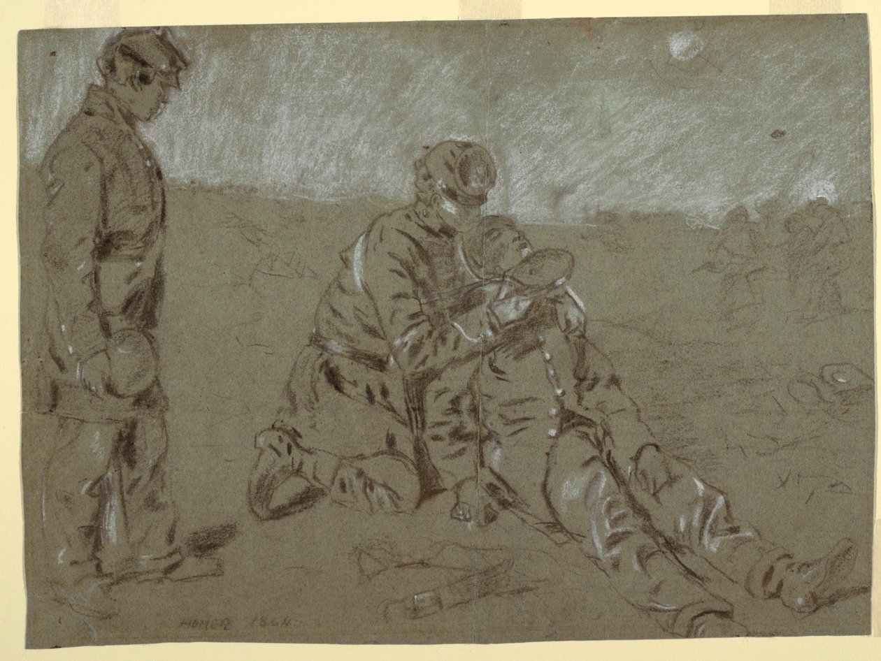 Tekening, soldaat geeft water aan gewonde kameraad, 1864 door Winslow Homer