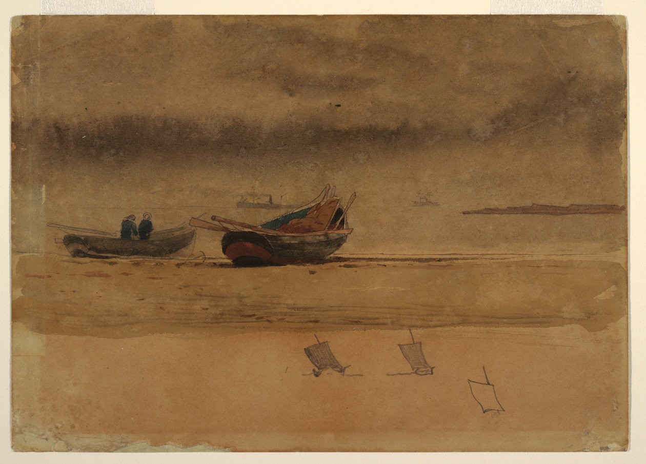 Tekening, Achteraanzicht van twee roeiboten, Engeland, 1881-82 door Winslow Homer