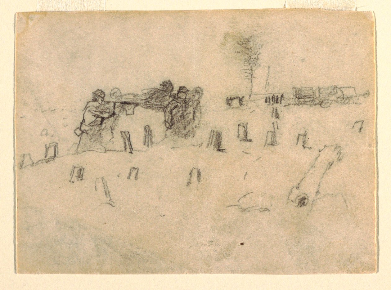 Tekening, brancardiers die een soldaat dragen, waarschijnlijk 1862 door Winslow Homer