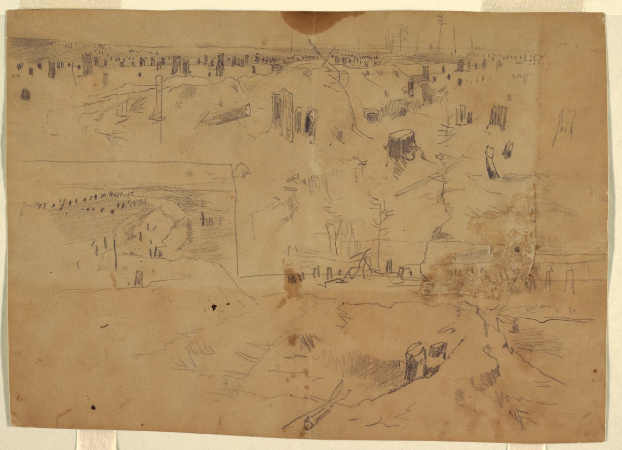 Tekening, Studies van een slagveld met boomstronken en opgeblazen boomstammen, Petersburg, Virginia, 1864 door Winslow Homer