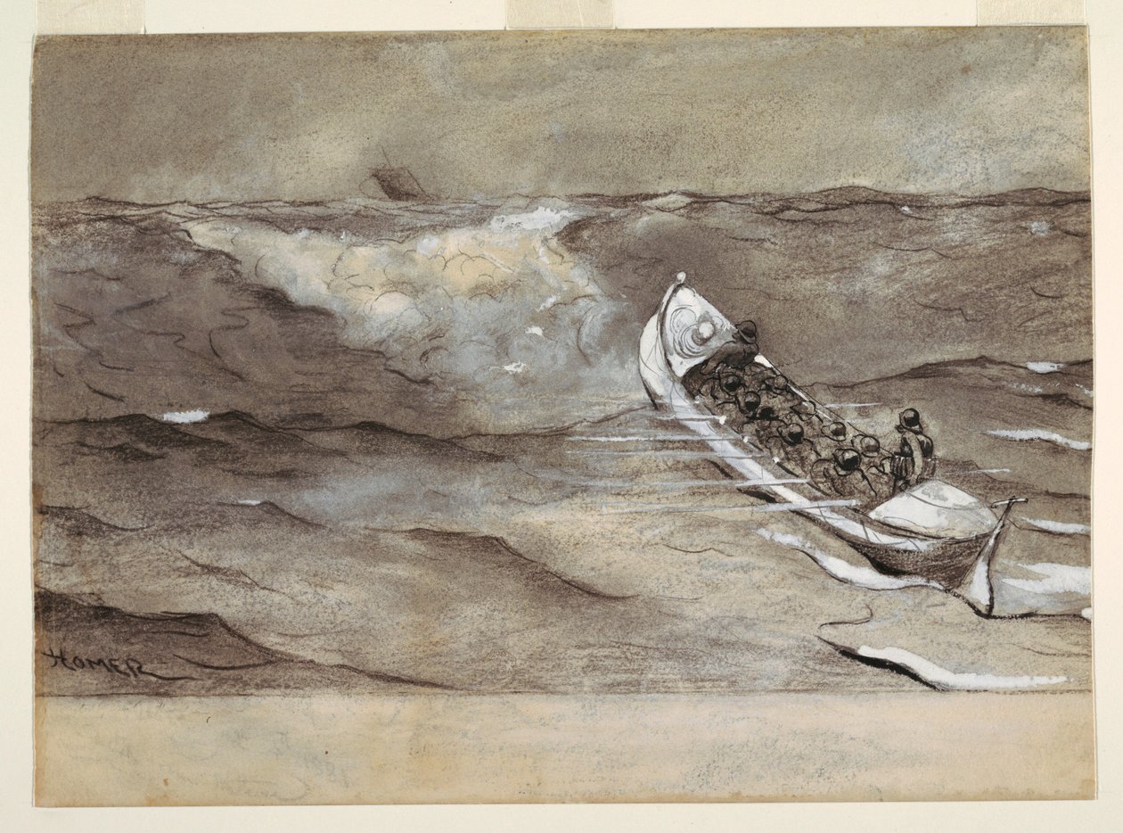 Tekening, De reddingsboot, studie voor aquarel, "Wrak van de 