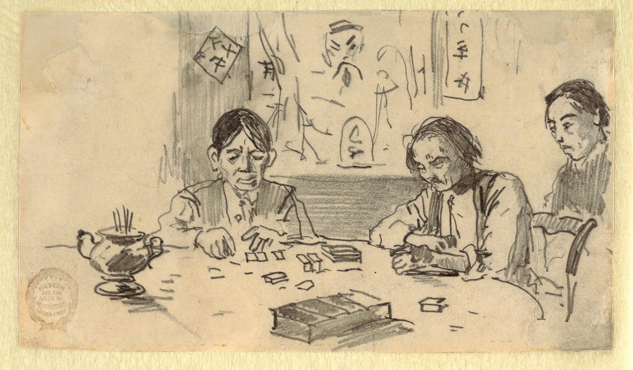 Tekening, Drie Chinese mannen spelen dominostenen in een clubhuis in Baxter Street, New York City, ca. 1874 door Winslow Homer