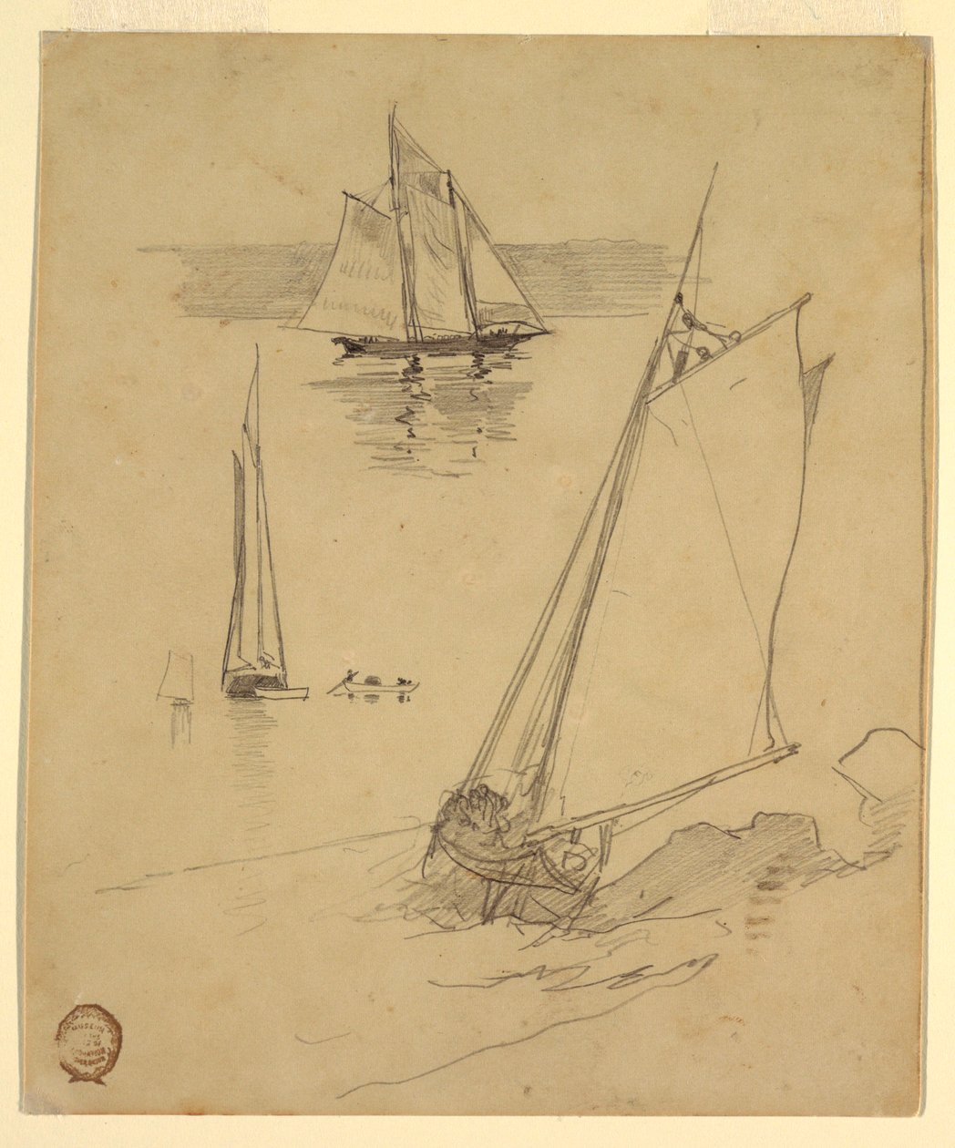 Tekening, Drie schetsen van schuiten, waarschijnlijk 1880 door Winslow Homer
