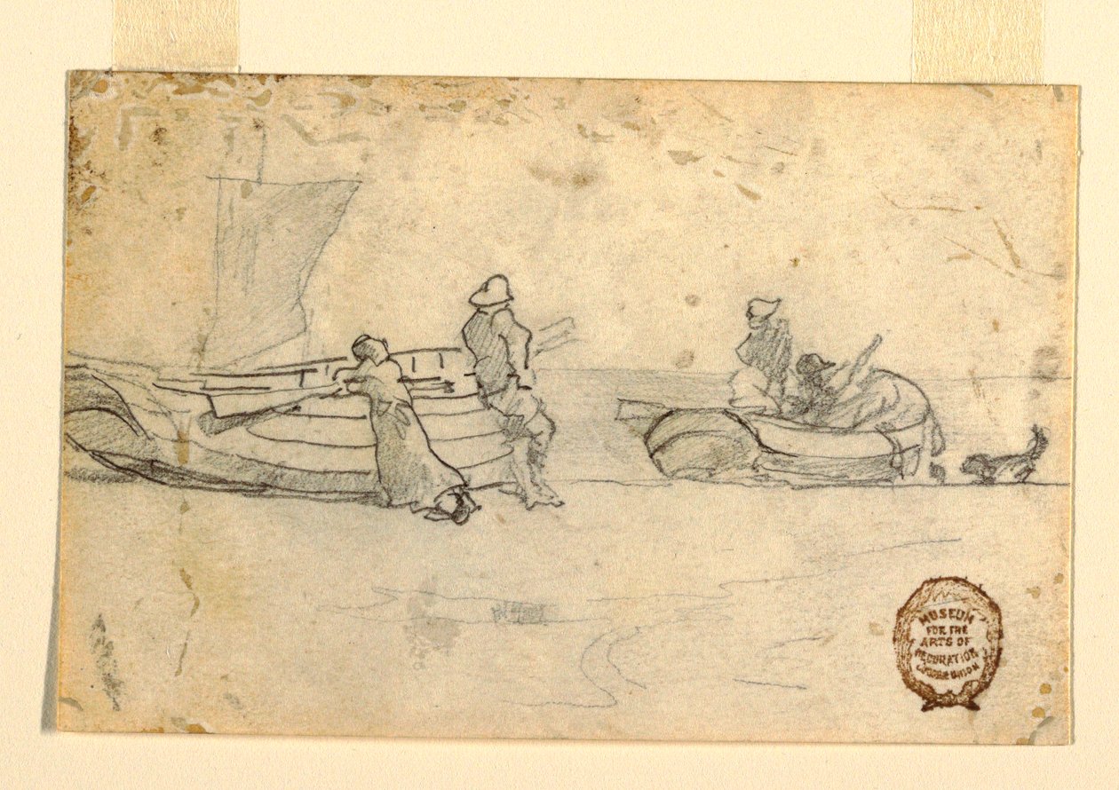 Tekening, Twee boten op strand met figuren, Cullercoats, Engeland, 1881-82 door Winslow Homer