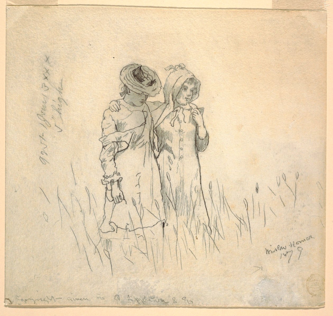 Tekening, Twee meisjes in een veld, 1879 door Winslow Homer