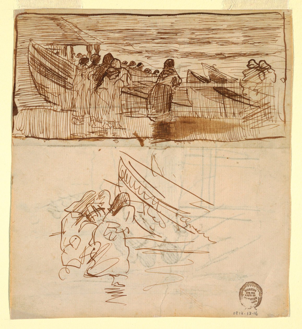 Tekening, Twee studies van vrouwen die kijken naar het te water laten van sloepen, Cullercoats, Engeland, 1881 door Winslow Homer