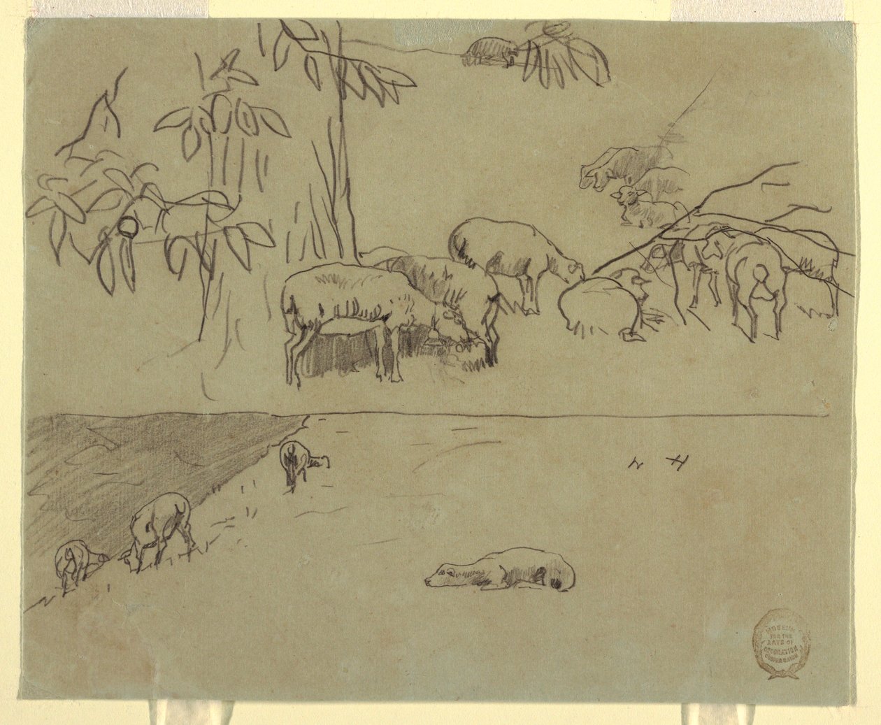 Tekening, Twee aanzichten van grazende schapen in een veld, waarschijnlijk 1875-78 door Winslow Homer