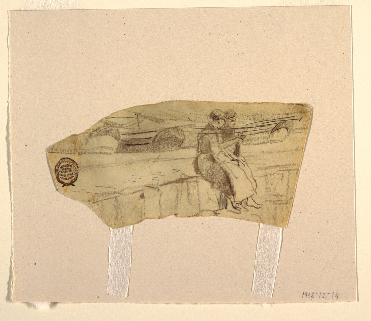 Tekening, Twee vrouwen zittend op een muur, Cullercoats, Engeland, 1881-82 door Winslow Homer
