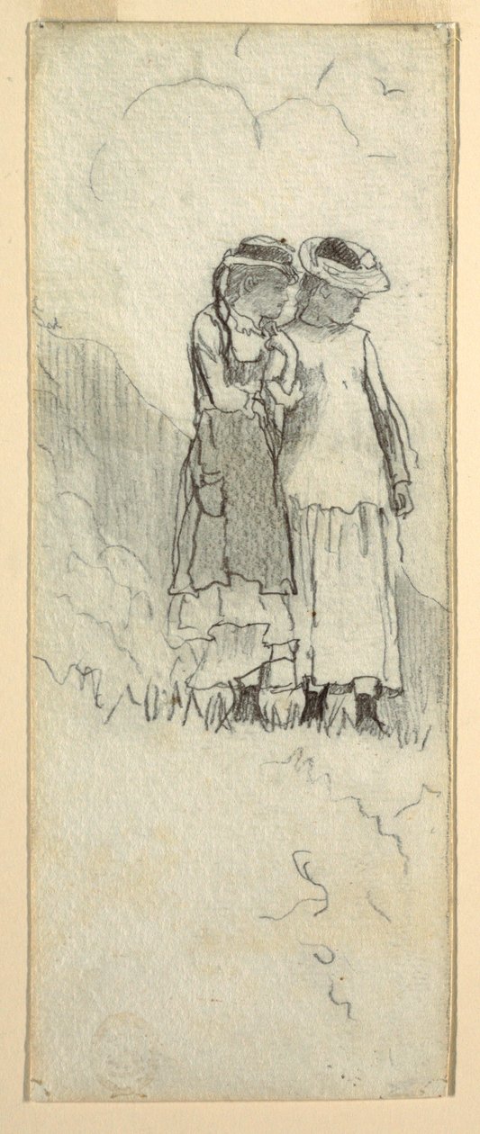 Tekening, Twee jonge meisjes in een veld, 1879 door Winslow Homer