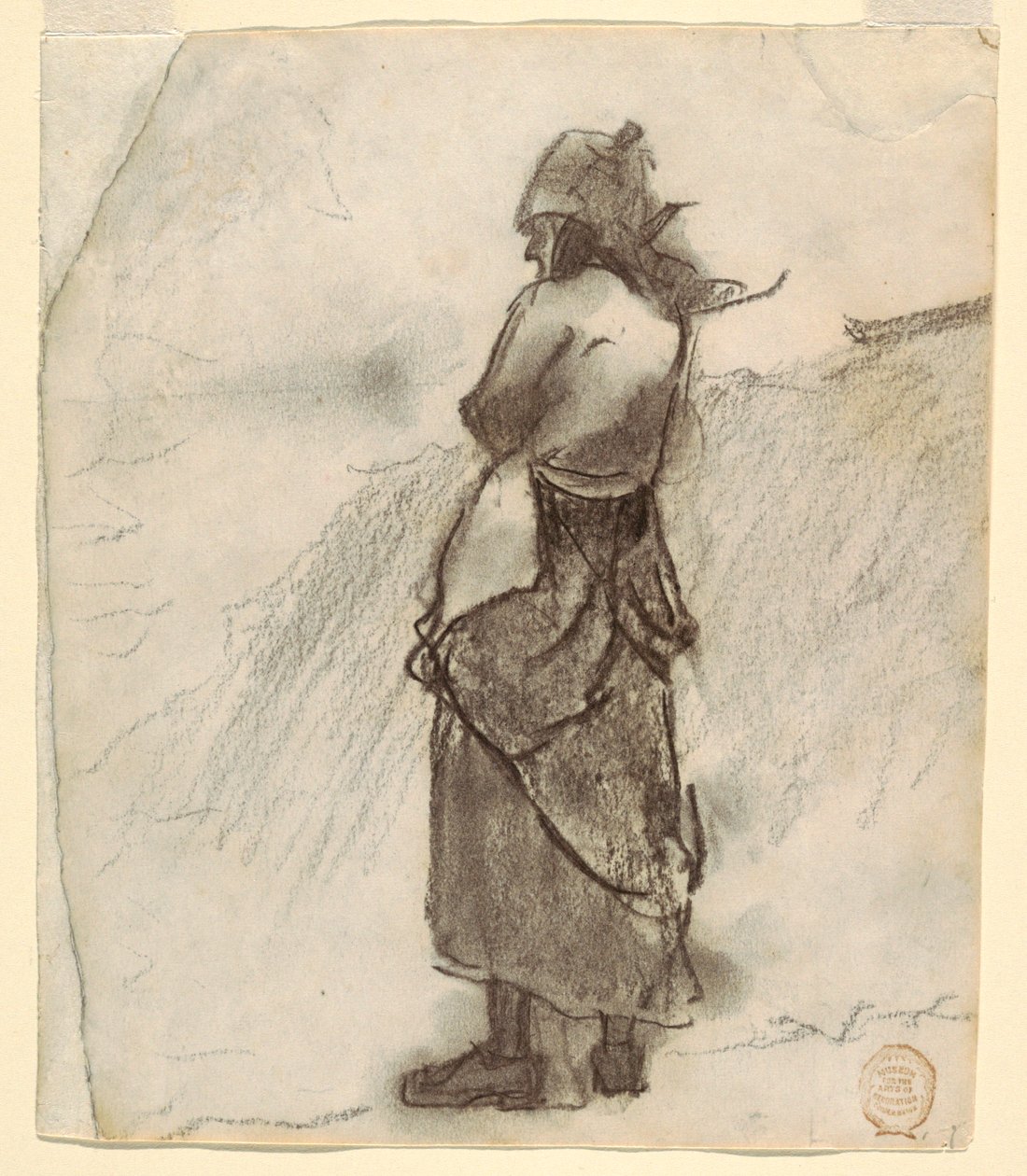 Tekening, Vrouw kijkt uit op zee, Cullercoats, Engeland, 1881-82 door Winslow Homer