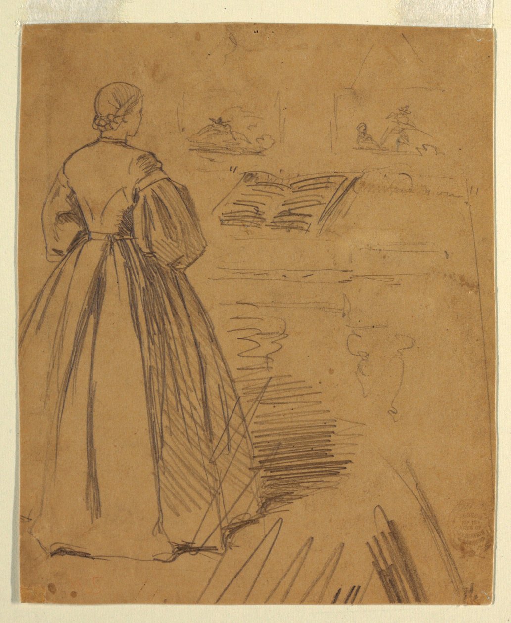Tekening, Vrouw voor een piano, 1862 door Winslow Homer