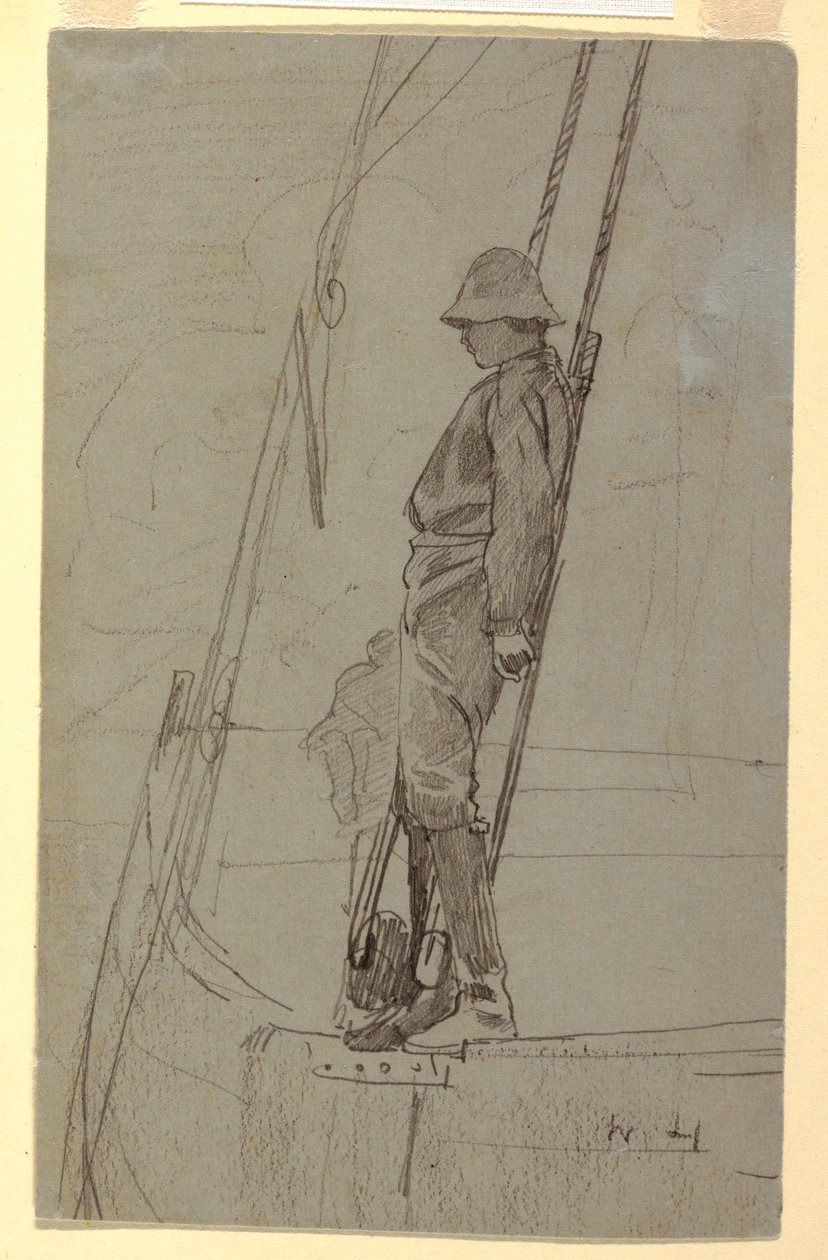 Tekening, Jonge man leunend tegen de tuigage van een zeilboot, waarschijnlijk 1861-62 door Winslow Homer