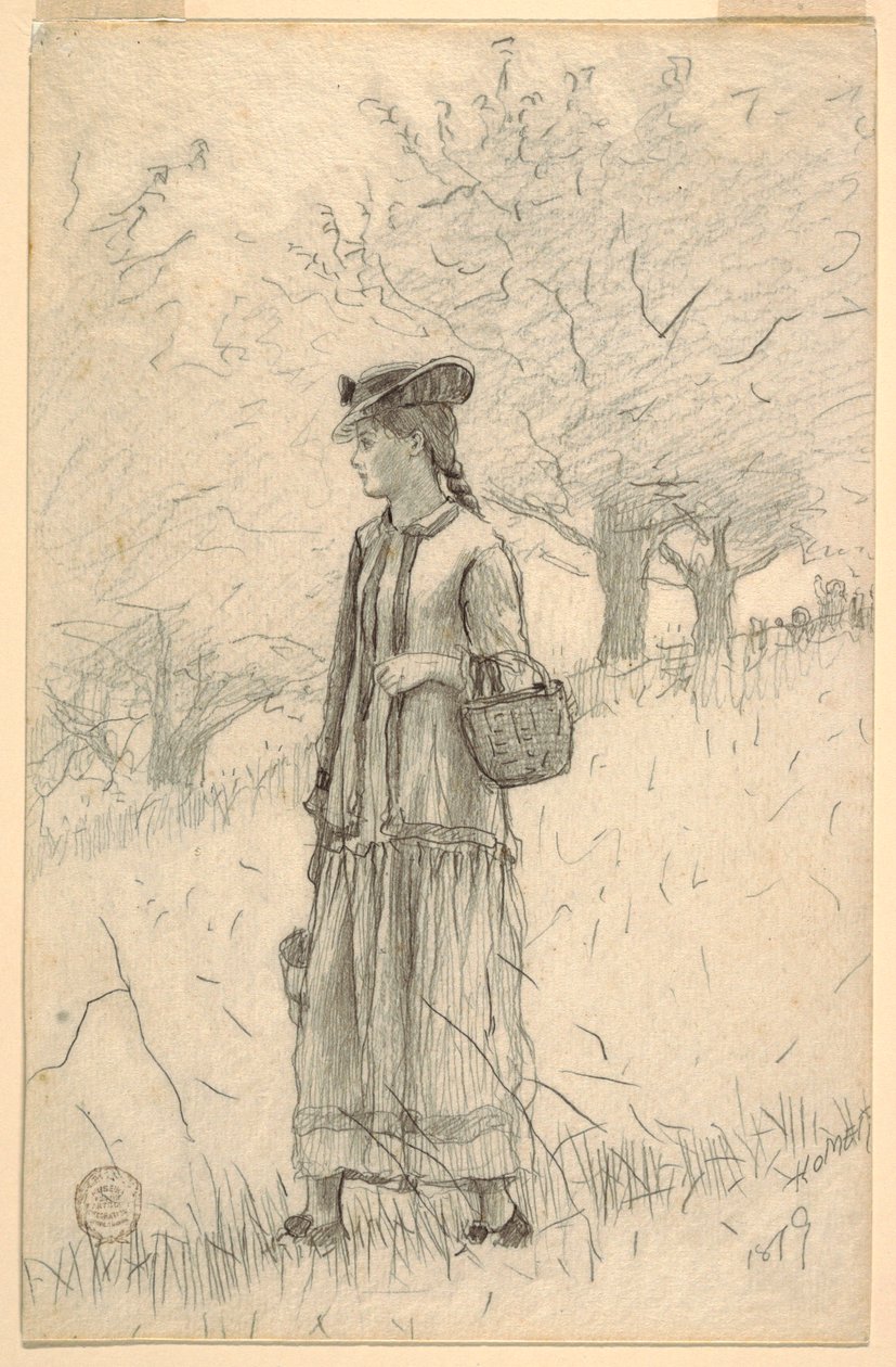 Tekening, Jonge vrouw loopt door een veld, 1879 door Winslow Homer